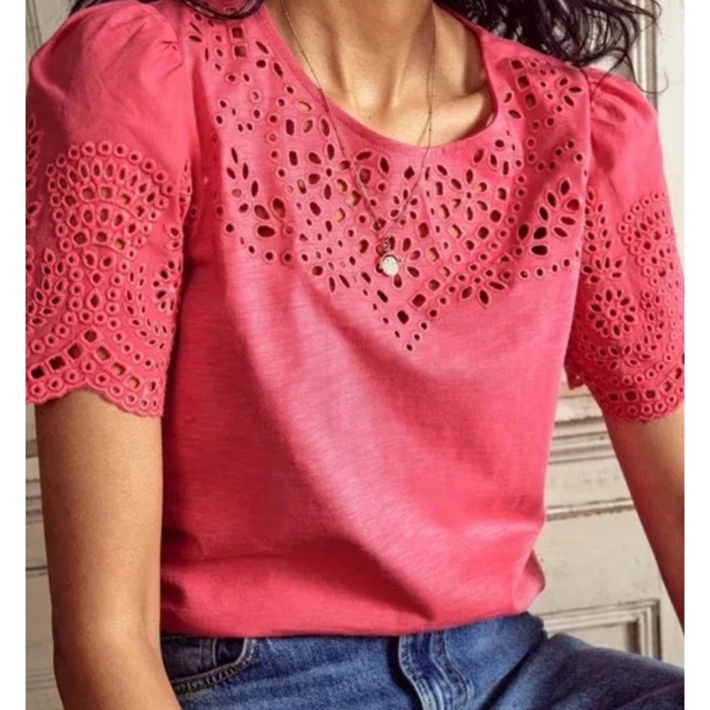Boden Pink Short Puff Sleeve Casual Eyelet Blouse